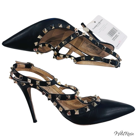 VALENTINO GARAVANI Black Leather Strappy Rockstud Ankle Strap Heels SZ 37 - Picture 4 of 17